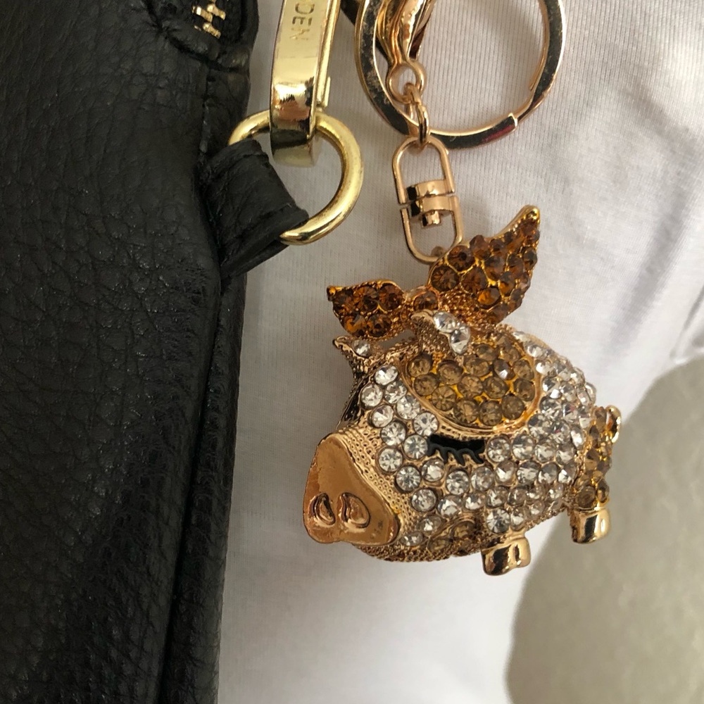 New Crystal Pig Keychain Charm in Gold and Amber - Picture 2 of 6